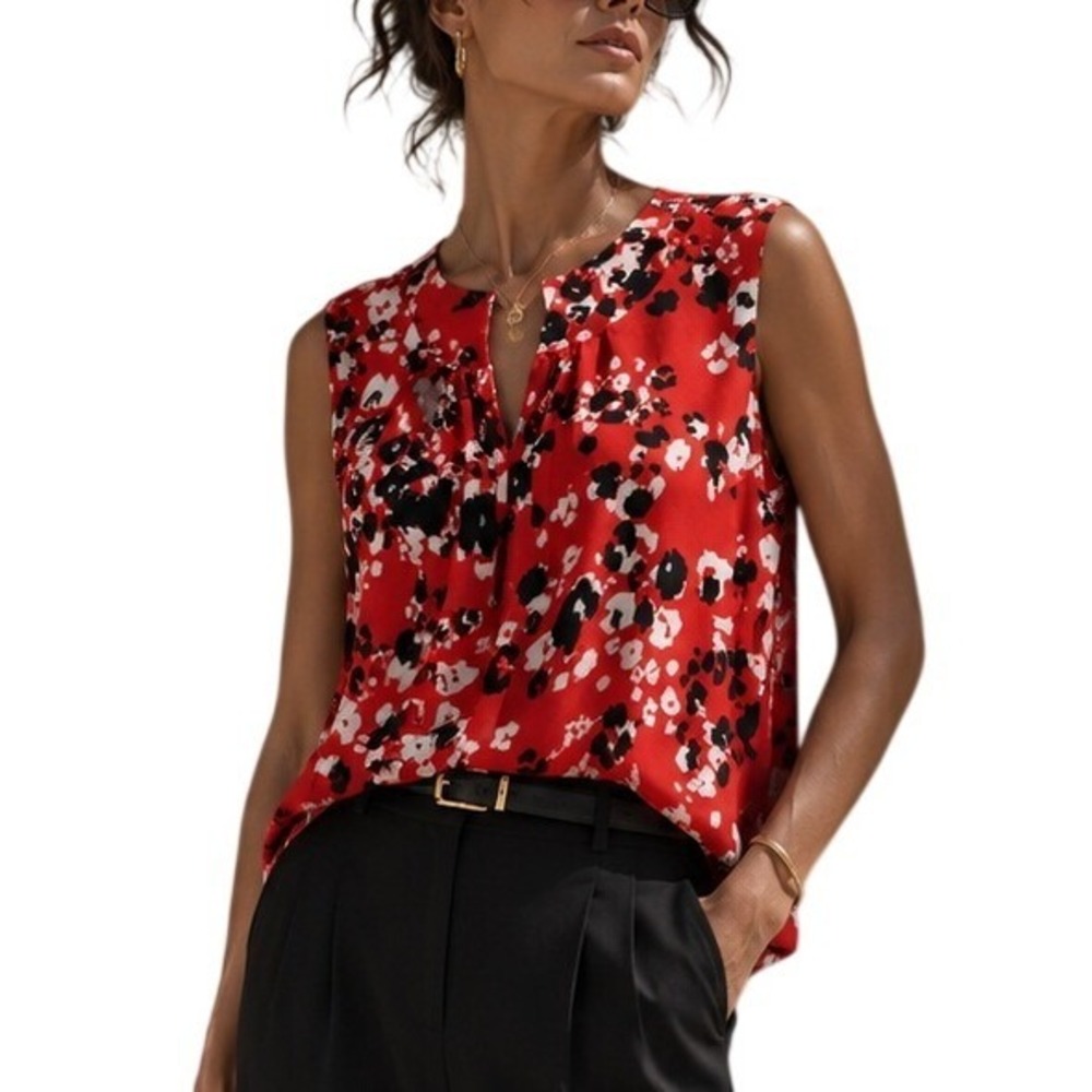 Calvin Klein Red Black White Dopamine Abstract Print Pleated Sleeveless Blouse S